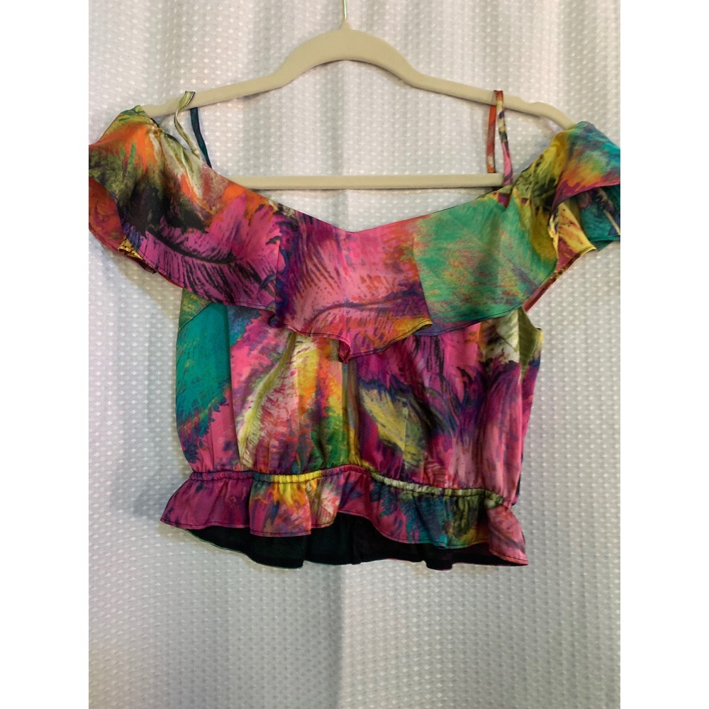 Bebe Womens XXS Multicolor Abstract Feather Print Ruffle Off‎ Shoulder Crop Top